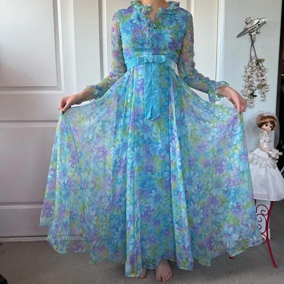 Miss Elliette Dresses | Vintage 60s Miss Elliette Floral Chiffon Maxi Dress - Blue and Green M | Color: Blue/Green | Size: M | Pm-28521491'S Closet